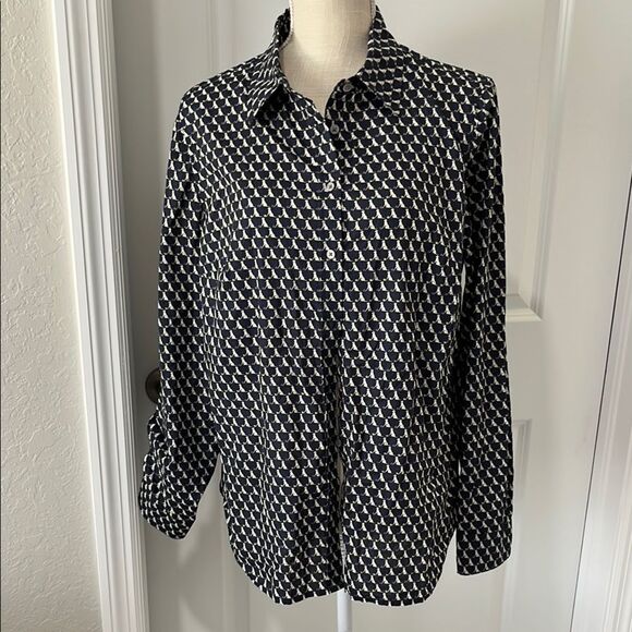 Talbots Navy & Cream Dog w Ball Print Button up Roll tab sleeve NWOT SZ 14 - Picture 1 of 8